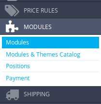 Modules tab in the left menu in PrestaShop 1.6.0.9